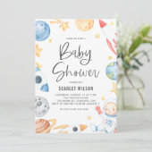 水彩ベビー宇宙飛行士宇宙テーマベビーシャワー 招待状 (スタンド正面)