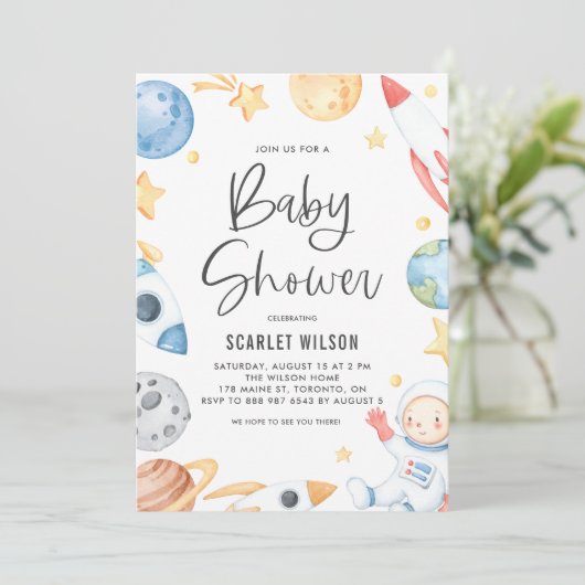 水彩ベビー宇宙飛行士宇宙テーマベビーシャワー 招待状 (スタンド正面)