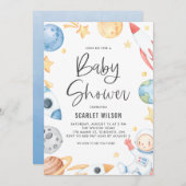 水彩ベビー宇宙飛行士宇宙テーマベビーシャワー 招待状 (正面/裏面)