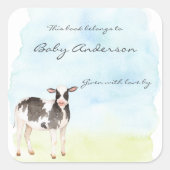 水彩ベビー牛ふくらはぎベビースシャワー蔵書票 スクエアシール (正面)