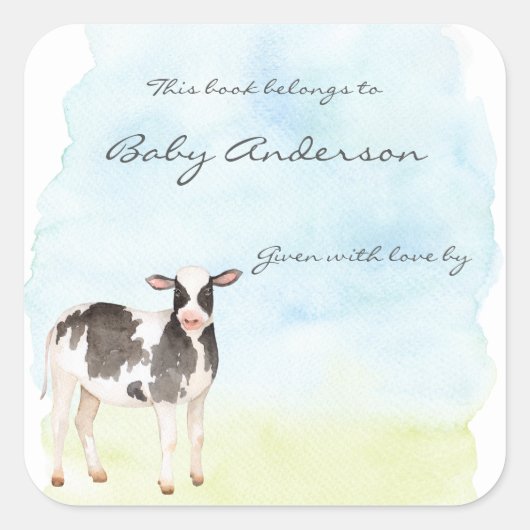 水彩ベビー牛ふくらはぎベビースシャワー蔵書票 スクエアシール (正面)