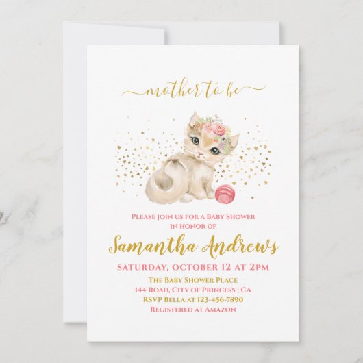 水彩ベビー猫と花ベビーシャワー 招待状 (正面)