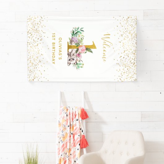 水彩ベビー猫と花1歳の誕生日 横断幕 (インサイチュ)