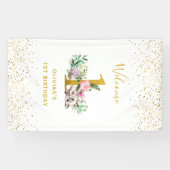 水彩ベビー猫と花1歳の誕生日 横断幕 (横)