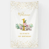 水彩ベビー猫と花1歳の誕生日 横断幕 (縦)