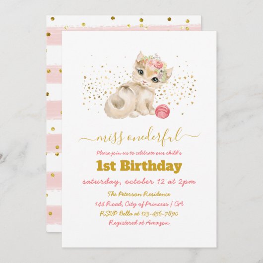 水彩ベビー猫と花1st誕生日パーティー 招待状 (正面/裏面)