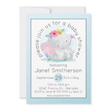 水彩ベビー象と花ベビーシャワー