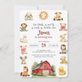 水彩ベビー農業動物2nd誕生日パーティー 招待状 (正面)