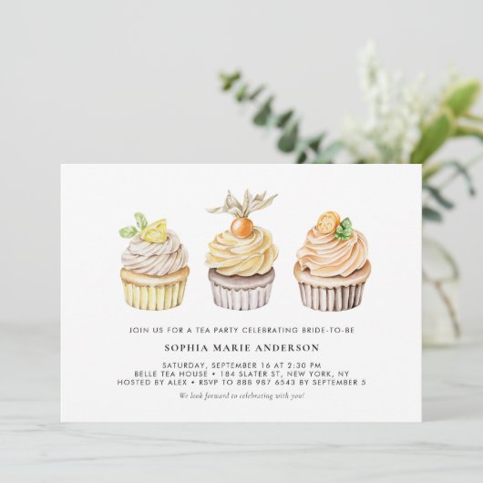 水彩ベリーと柑橘類カップケーキ茶パーティー 招待状 (スタンド正面)