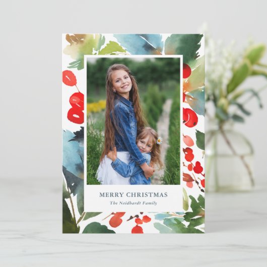 水彩ベリークリスマスフローラレッドフォト シーズンカード (スタンド正面)