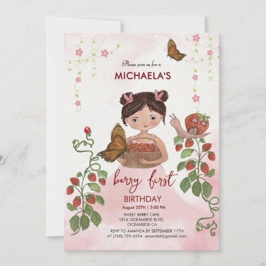 水彩'ベリースウィート'ガールファースト誕生日 招待状 (正面)