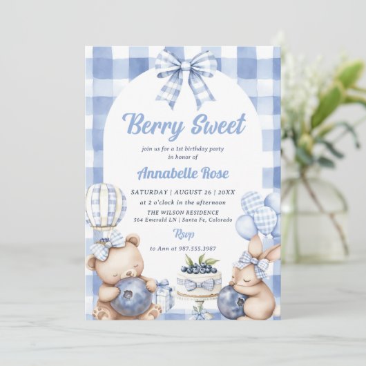 水彩ベリースウィート1st誕生日パーティー写真 招待状 (スタンド正面)