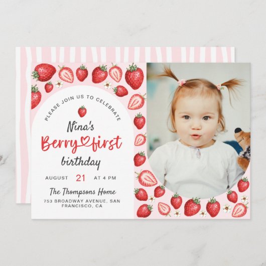 水彩ベリーファーストスウィート誕生日写真 招待状 (正面/裏面)