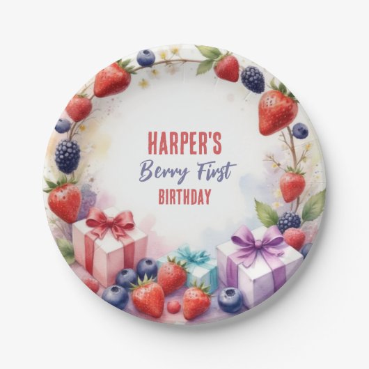 水彩ベリーファースト誕生日イチゴパーティー- ペーパープレート (正面)
