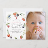 水彩ベリーファースト・ガール1stバースデーフォト 招待状 (正面)
