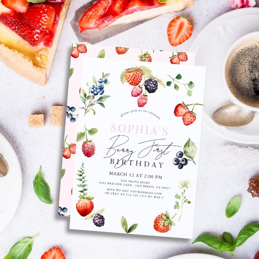 水彩ベリーベリーファースト・ガール1st誕生日 招待状