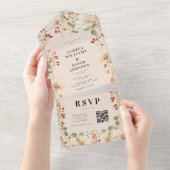 水彩ベリーワイルドフラワー春QRコード結婚ズ オールインワン招待状 (貼ってはがせる)