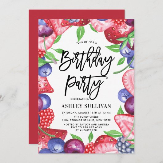 水彩ベリー夏の誕生日パーティー 招待状 (正面/裏面)