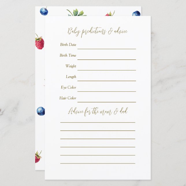 水彩ベリー甘い赤ちゃんシャワー推理ゲーム (正面/裏面)