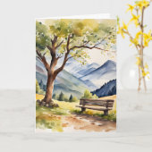 水彩ベンチと山の悔やみや弔慰 カード (黄色い花)