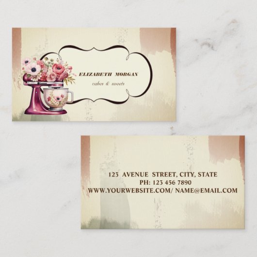 水彩ベーカリーペストリーフローラレッドレトロミキサー 名刺 (正面/裏面)