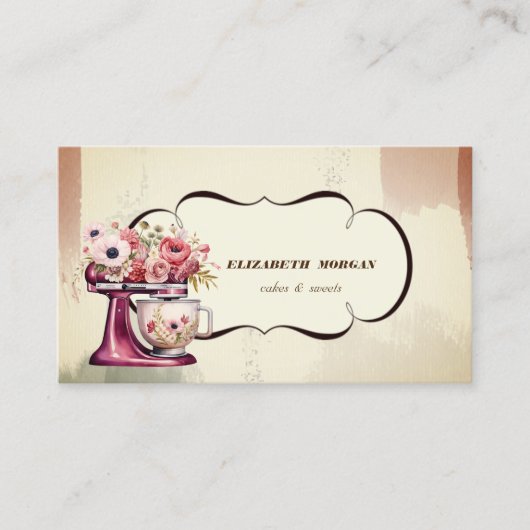 水彩ベーカリーペストリーフローラレッドレトロミキサー 名刺 (正面)
