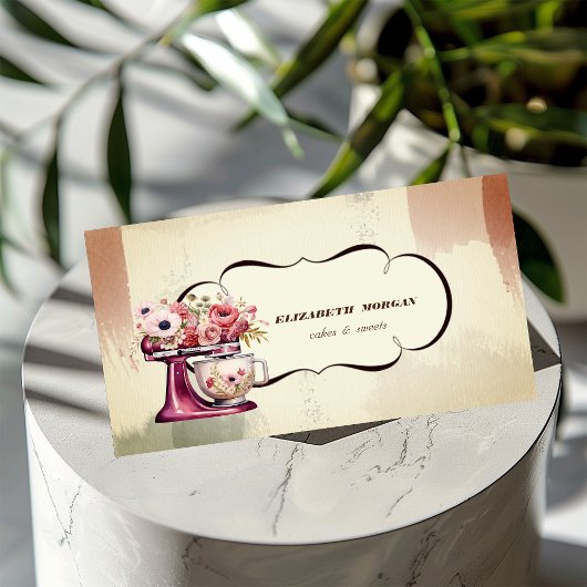 水彩ベーカリーペストリーフローラレッドレトロミキサー 名刺