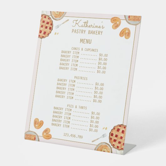 水彩ベーキングパイペストリーベーカリーメニュー価格 台座サイン (正面)