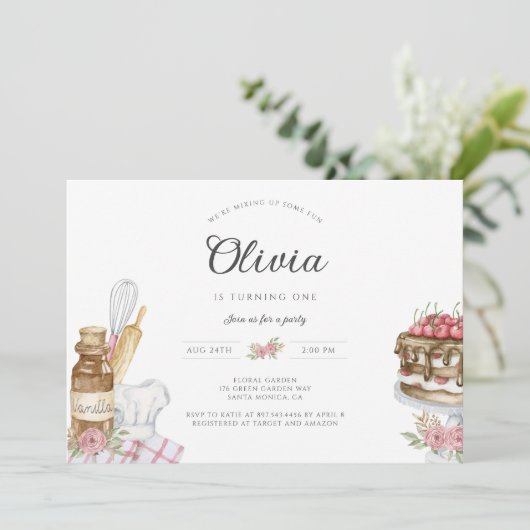 水彩ベーキング誕生日パーティーの招待 招待状 (スタンド正面)