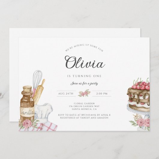 水彩ベーキング誕生日パーティーの招待 招待状 (正面/裏面)
