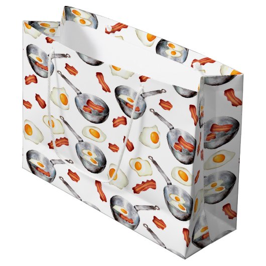 水彩ベーコン&エッグスブレックファーストフードパターン ラージペーパーバッグ (正面アングル)