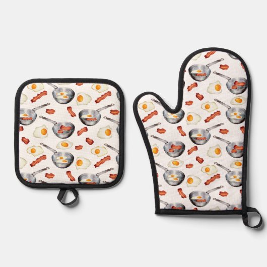 水彩ベーコン&エッグスブレックファーストフードパターン 鍋つかみ&鍋敷きセット (正面)