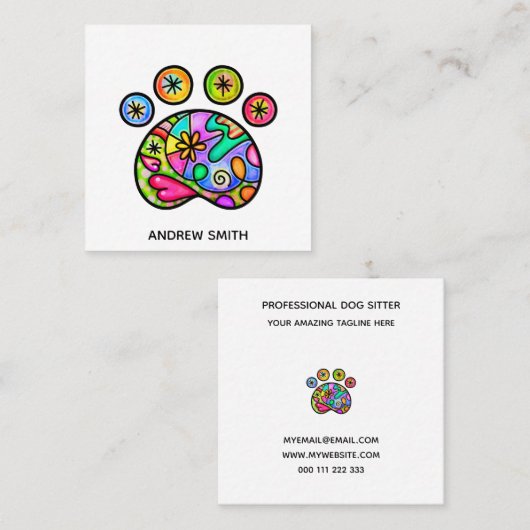 水彩ペットドッグパウフォークアートテンプレート スクエア名刺 (正面/裏面)