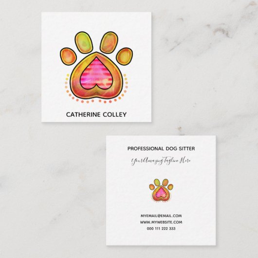 水彩ペットドッグ足ハートテンプレート  スクエア名刺 (正面/裏面)