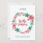 水彩ペパーミントキャンディーケーンクリスマスリース シーズンカード (正面)