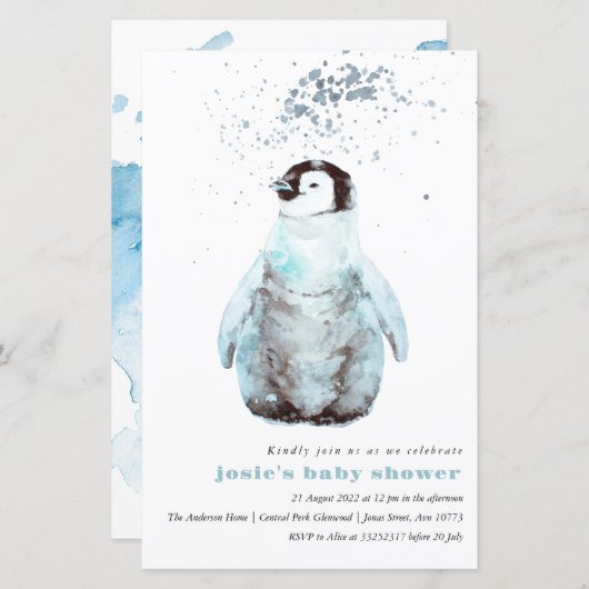 水彩ペンギン冬ベビーシャワー招待状 (正面/裏面)