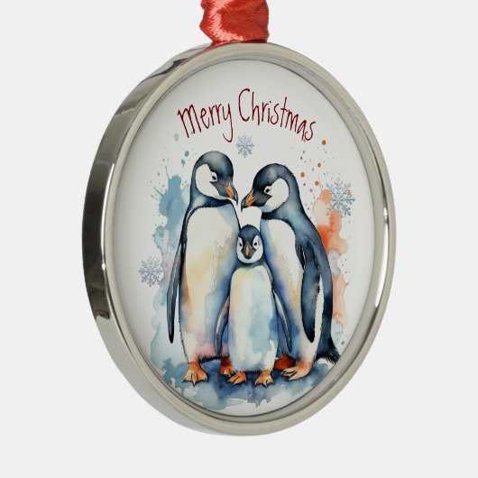 水彩ペンギン家族冬の動物芸術 メタルオーナメント (右)