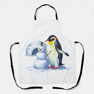 水彩ペンギン建物a雪だるま エプロン