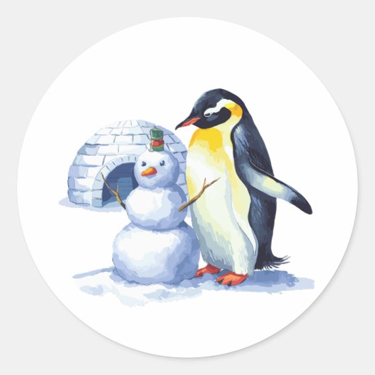 水彩ペンギン建物a雪だるま ラウンドシール (正面)