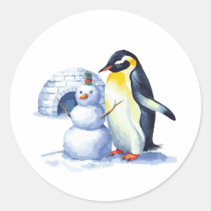 水彩ペンギン建物a雪だるま ラウンドシール