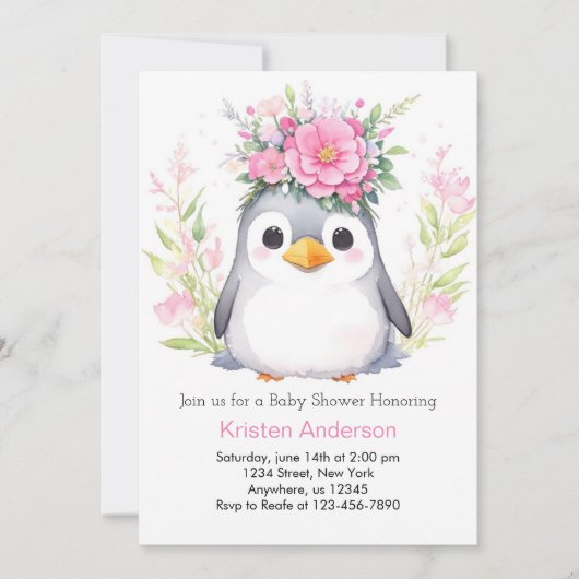水彩ペンギン至福ガールベビーシャワー 招待状 (正面)