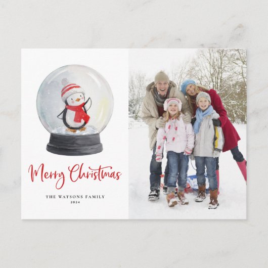 水彩ペンギン雪地球写真撮影クリスマス シーズンポストカード (正面)