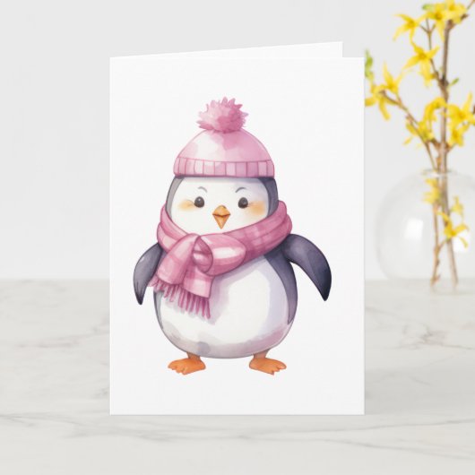 水彩ペンギン カード (黄色い花)