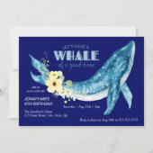 水彩ホエールイエローフローラネイビーバースデーパーティー 招待状 (正面)