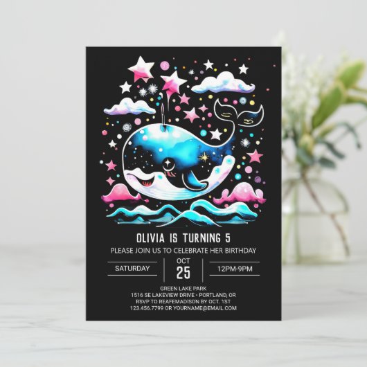 水彩ホエールピンク編集可能誕生日 招待状 (スタンド正面)