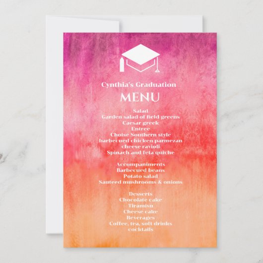 水彩ホットピンクとオレンジの卒業式ディナー 招待状 (正面)