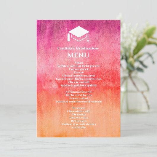 水彩ホットピンクとオレンジの卒業式ディナー 招待状 (スタンド正面)