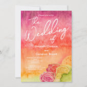 水彩ホットピンクとオレンジ結婚ズ 招待状 (正面)