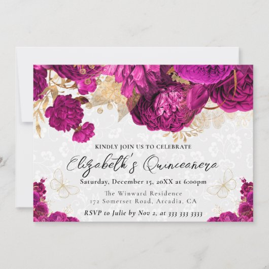 水彩ホットピンクと金ゴールド花キンセアニェラ 招待状 (正面)