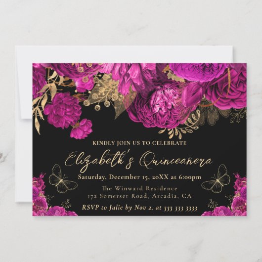 水彩ホットピンクと金ゴールド花キンセアニェラ 招待状 (正面)